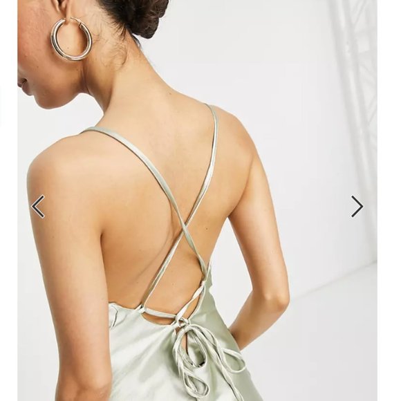 ASOS Petite Bridesmaid cami maxi slip dress in hi-shine satin lace up back sage - Picture 5 of 8